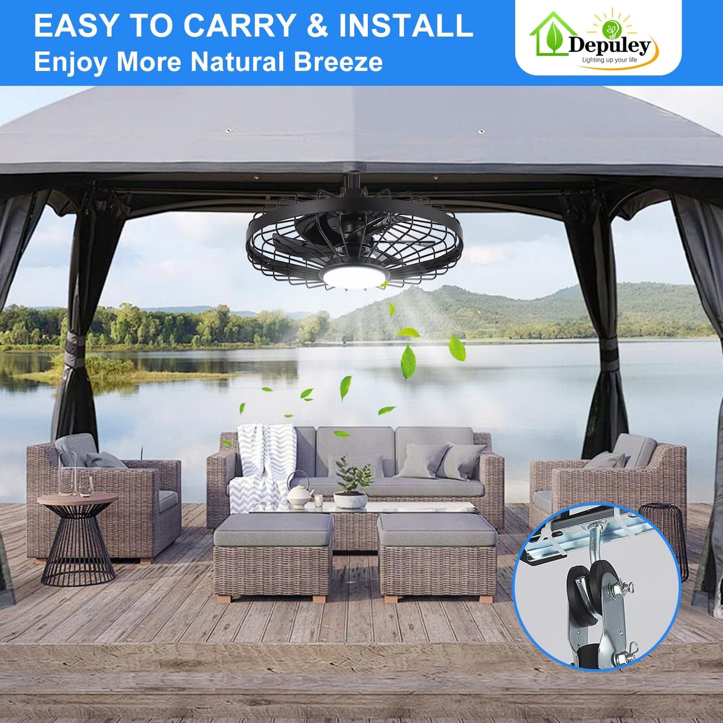 Depuley Outdoor Ceiling Fan with Light: 20 Inch Waterproof Gazebo Fans with Lights Outdoor Hanging - Plug in Remote App Control Caged Fans for Patios Pergola Porch Canopy - 6 Speed Black