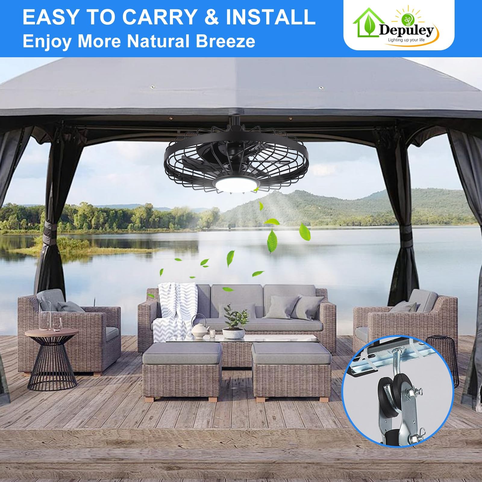 Depuley Outdoor Ceiling Fan with Light: 20 Inch Waterproof Gazebo Fans with Lights Outdoor Hanging - Plug in Remote App Control Caged Fans for Patios Pergola Porch Canopy - 6 Speed Black