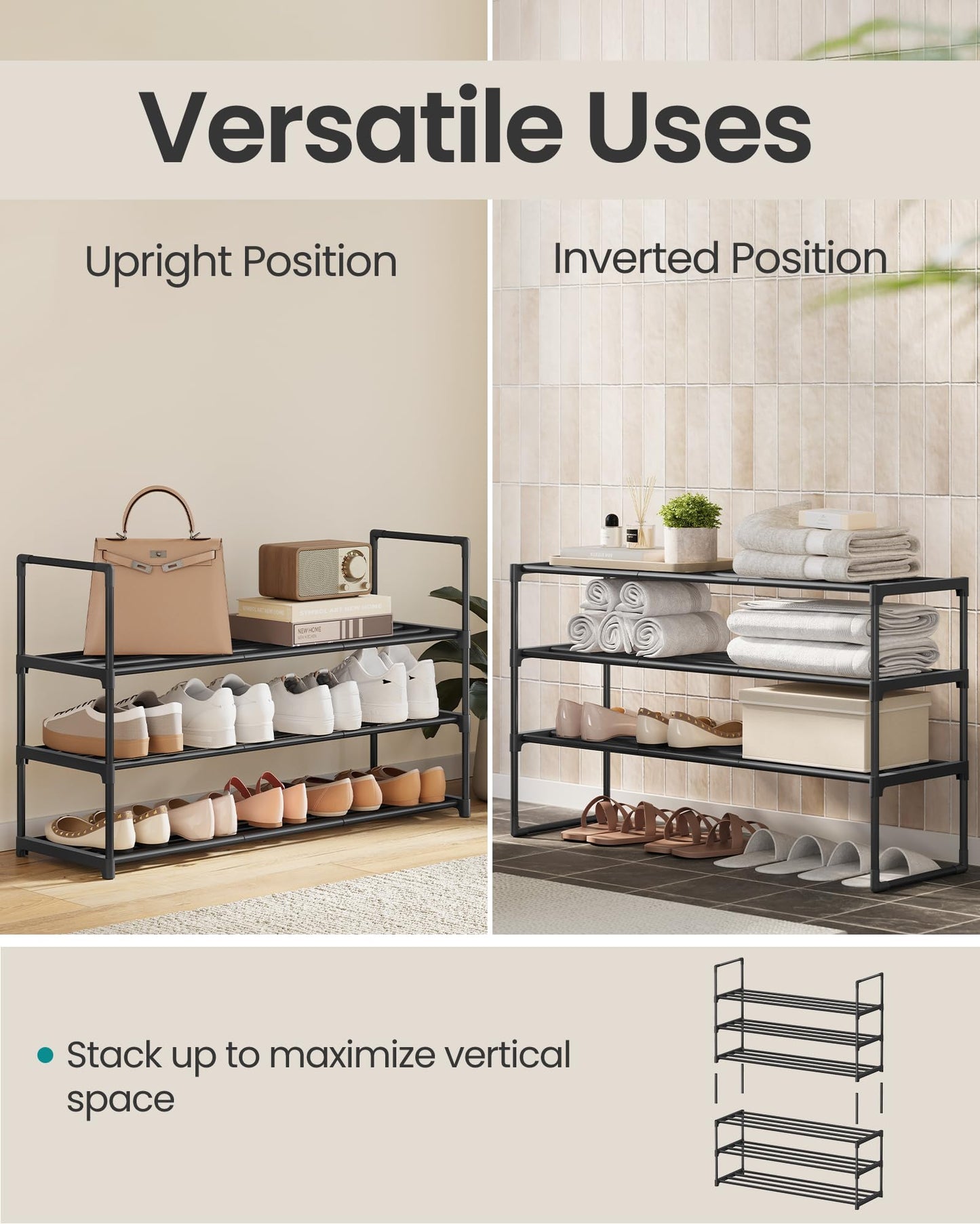 SONGMICS Shoe Rack, 3-Tier Shoe Organizer, Sturdy Storage Shelf, Upright or Upside Down, for 16-20 Pairs, Stackable, for Entryway, 30 x 92 x 55 cm, Black ULSA303B02