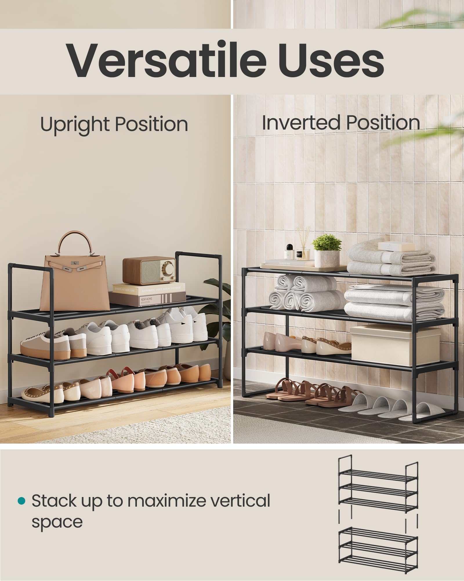 SONGMICS Shoe Rack, 3-Tier Shoe Organizer, Sturdy Storage Shelf, Upright or Upside Down, for 16-20 Pairs, Stackable, for Entryway, 30 x 92 x 55 cm, Black ULSA303B02