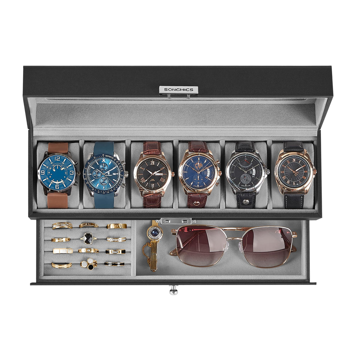 SONGMICS Watch Box, 6-Slot Watch Case Organizer with Large Glass Lid, 2 Layers, Removable Pillows, Metal Lock, Gift for Loved Ones, Black Synthetic Leather, Christmas Gift, Gray Lining UJWB060G01 🍁 All In One Marketplace Canada