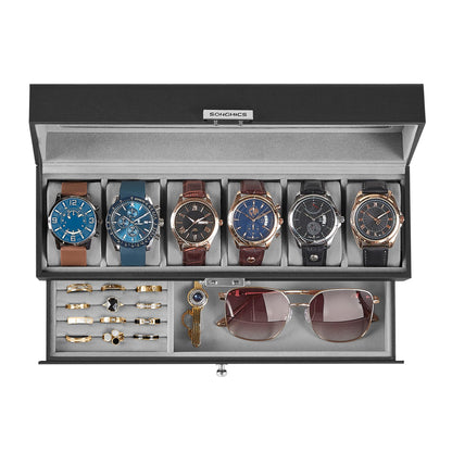 SONGMICS Watch Box, 6-Slot Watch Case Organizer with Large Glass Lid, 2 Layers, Removable Pillows, Metal Lock, Gift for Loved Ones, Black Synthetic Leather, Christmas Gift, Gray Lining UJWB060G01 🍁 All In One Marketplace Canada