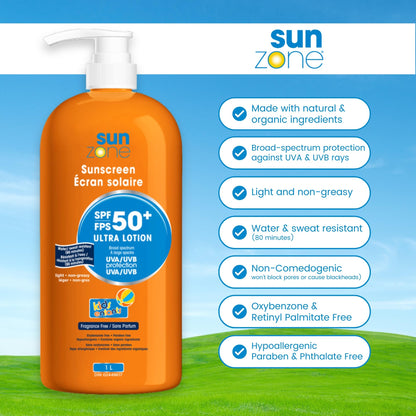 Sunzone | SUNSCREEN SPF 50+ Ultra Lotion | Broad Spectrum UVA/UVB Protection | Light, Non-Greasy, Water resistant (80 minutes) | Fragrance Free | 1L Bottle with pump | MADE IN CANADA - Available at All In One Marketplace Canada