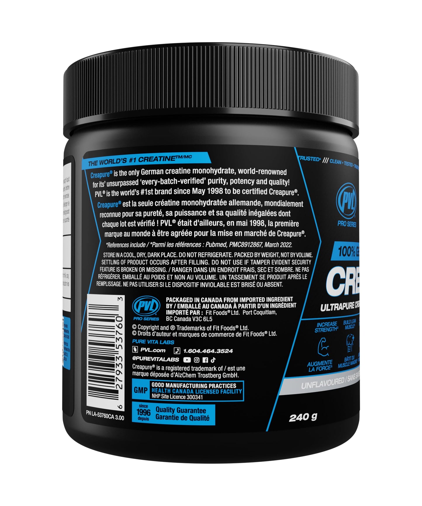 PVL Creapure Creatine Powder | 100% German Creatine Monohydrate, Canadian-Owned, Informed-Choice Tested, Unflavoured Supplement powder – 48 Servings - 240 g - Available at All In One Marketplace Canada