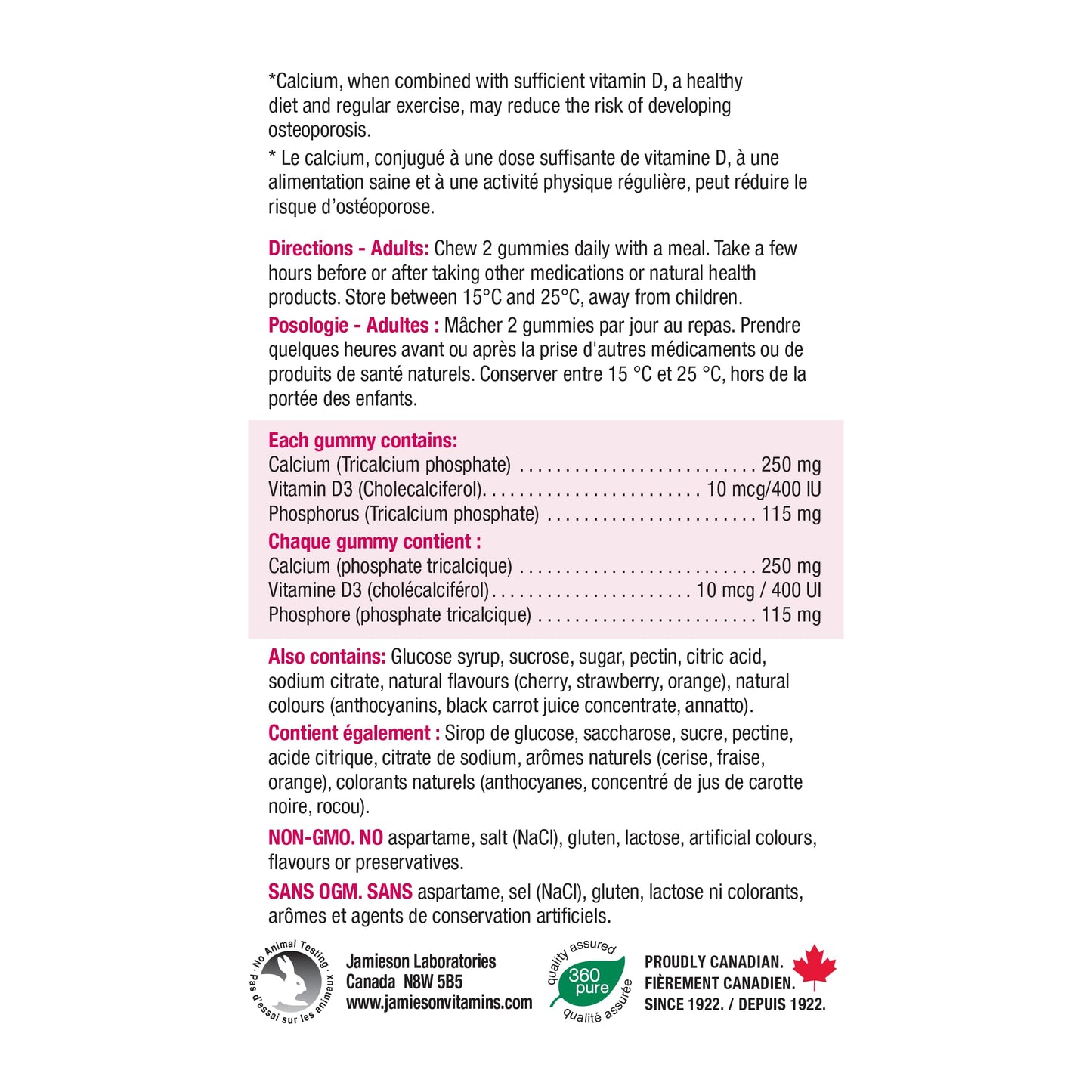 Jamieson Calcium 250 mg with Vitamin D3 400 IU Gummies, Cherry, Strawberry, and Orange Flavours, Helps Prevent Osteoporosis, Supports Strong Bones and Teeth. Non-GMO, Gluten-Free, No Artificial Colours, Flavours, or Preservatives, 60 Count, Proudly Canadi - Available at All In One Marketplace Canada