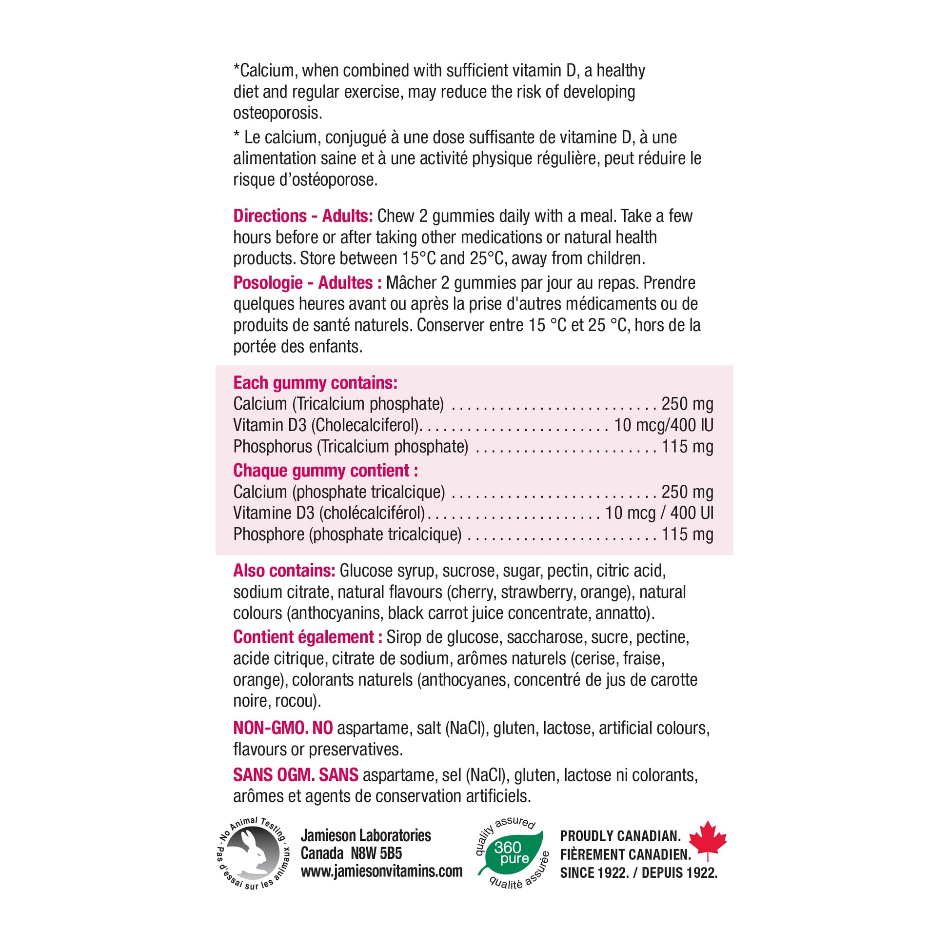 Jamieson Calcium 250 mg with Vitamin D3 400 IU Gummies, Cherry, Strawberry, and Orange Flavours, Helps Prevent Osteoporosis, Supports Strong Bones and Teeth. Non-GMO, Gluten-Free, No Artificial Colours, Flavours, or Preservatives, 60 Count, Proudly Canadi - Available at All In One Marketplace Canada