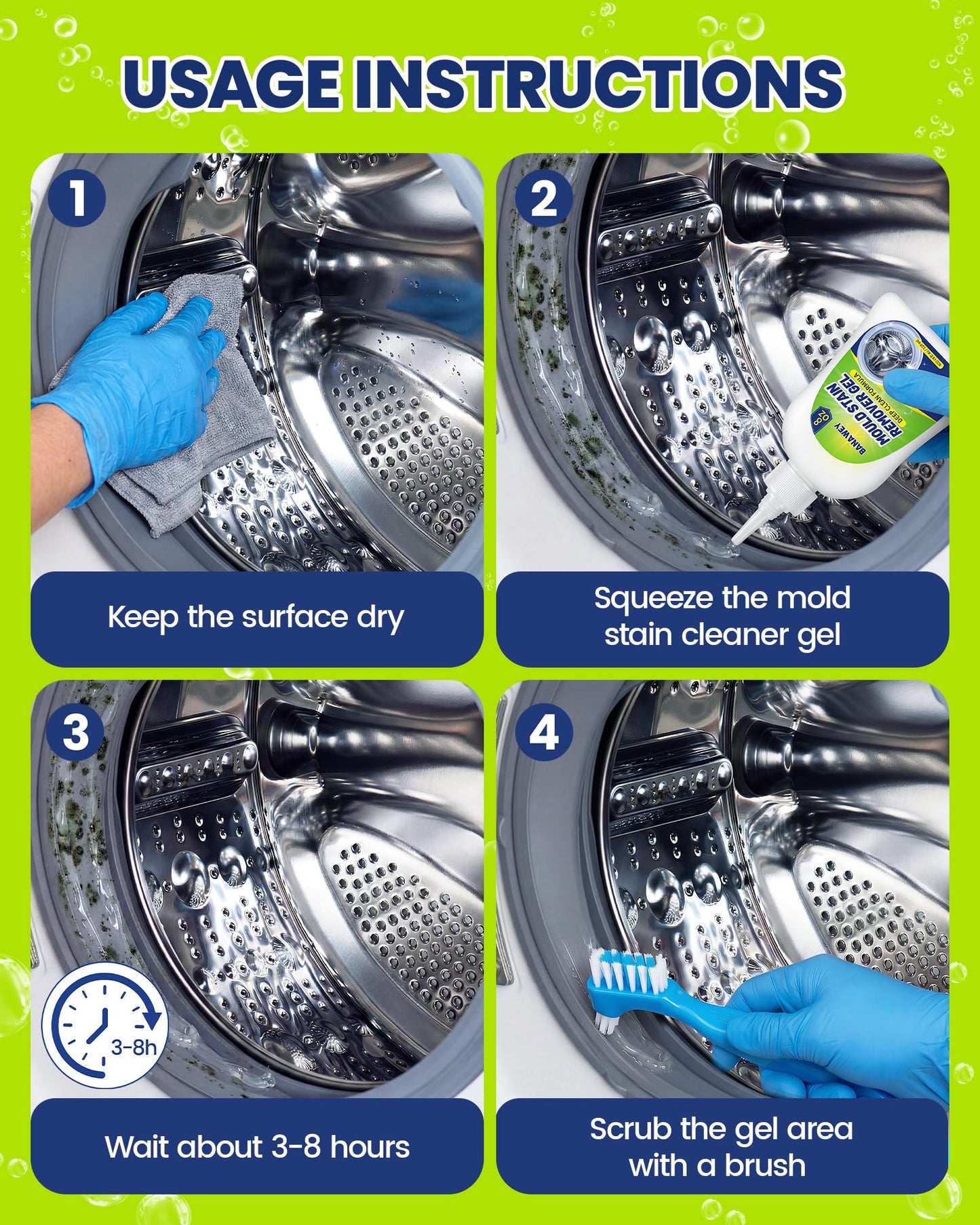 Mould Remover Gel - Household Washing Machine Cleaner, Tile Grout Cleaner with Brush, Mildew Stain Remover for Washer Rubber, Shower, Bathroom, Bathtub Caulk, Kitchen Sink, Fridge Seal, Wall - 8 Fl Oz - Available at All In One Marketplace Canada