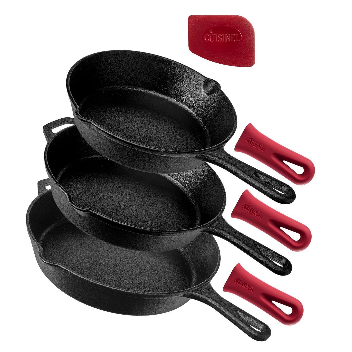 Cast Iron Skillet Set - 8" + 10" + 12"-Inch Pre-Seasoned Frying Pans + Silicone Handle Grip Covers - Indoor/Outdoor, Oven, Grill, Stovetop, BBQ, Fire and Induction Safe Kitchen and Camping Cookware Cuisinel