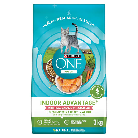 Purina ONE +Plus Dry Cat Food, Indoor Advantage Salmon - 3 kg Bag