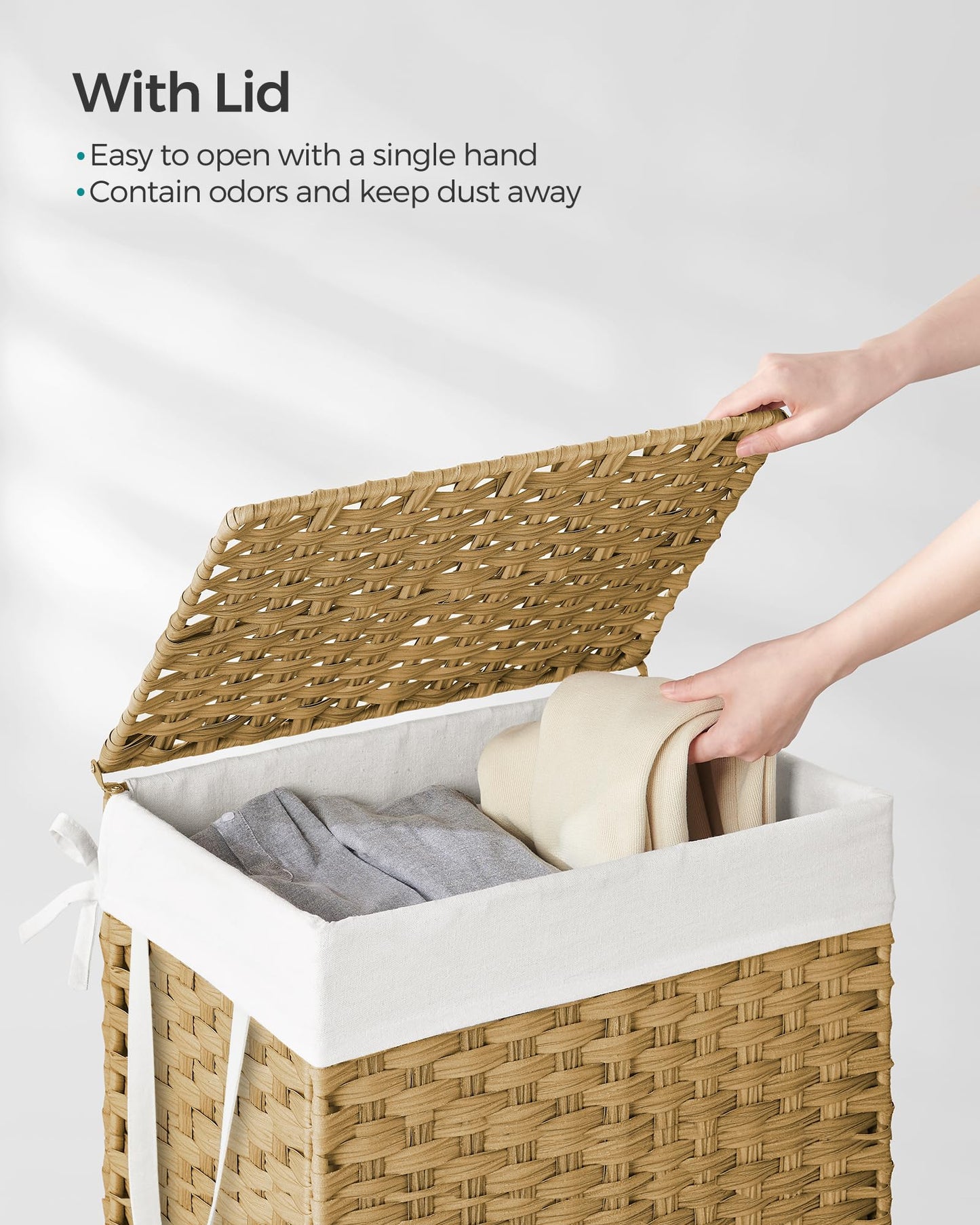 SONGMICS Laundry Hamper with Lid, 23.8 Gallon (90 L) Synthetic Rattan Clothes Laundry Basket with Lid and Handles, Foldable, Removable Liner, Natural ULCB051N01V1 SONGMICS