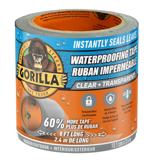 Gorilla Waterproof Patch & Seal Tape, Heavy-Duty, Instantly Seals, Works Underwater, Indoor/Outdoor, Flexible Permanent Bond, 4 in x 8 ft, Clear, 1 Pack