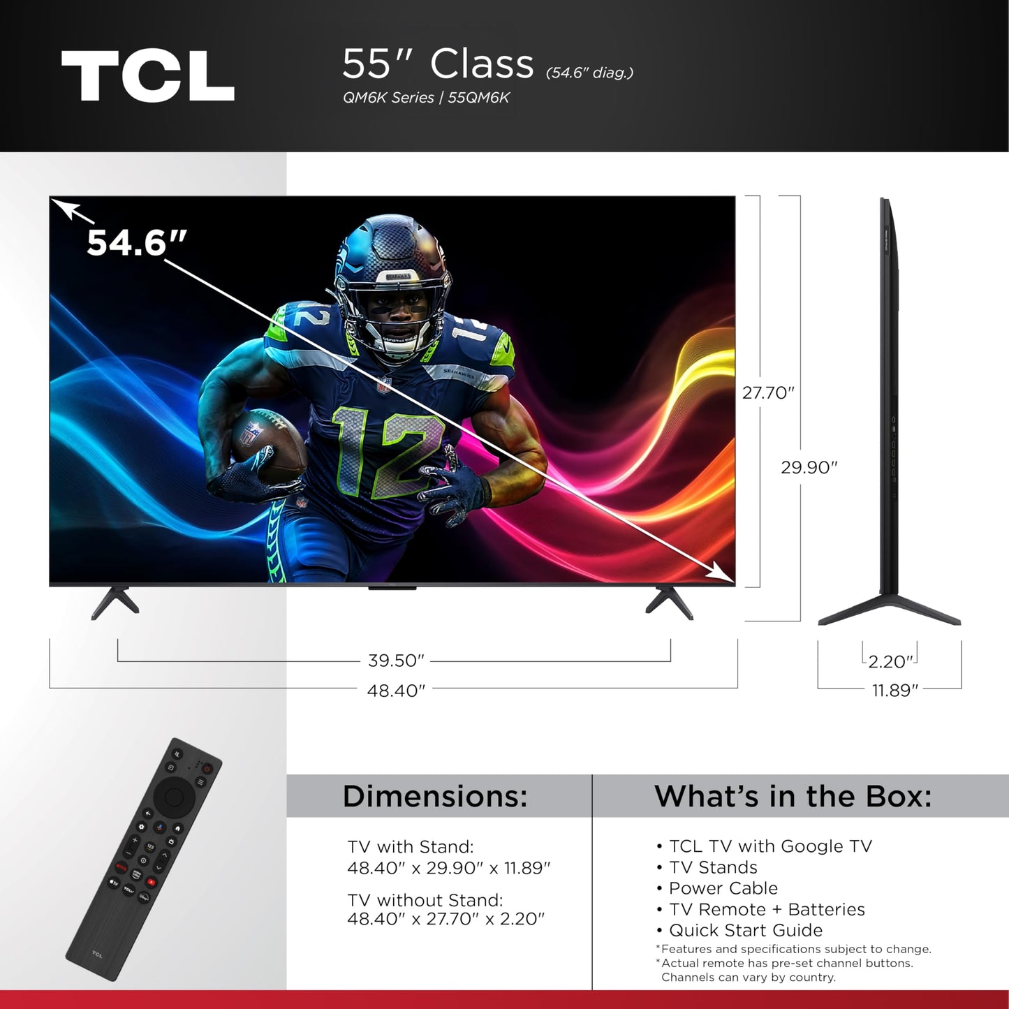 TCL 55-Inch QM6K Series QLED 4K Smart QD-Mini LED TV with Google TV (2025 Model) New Halo Control System, LD500 Precise Dimming Series, High Contrast HVA Panel, 144Hz Native Panel Refresh Rate TCL