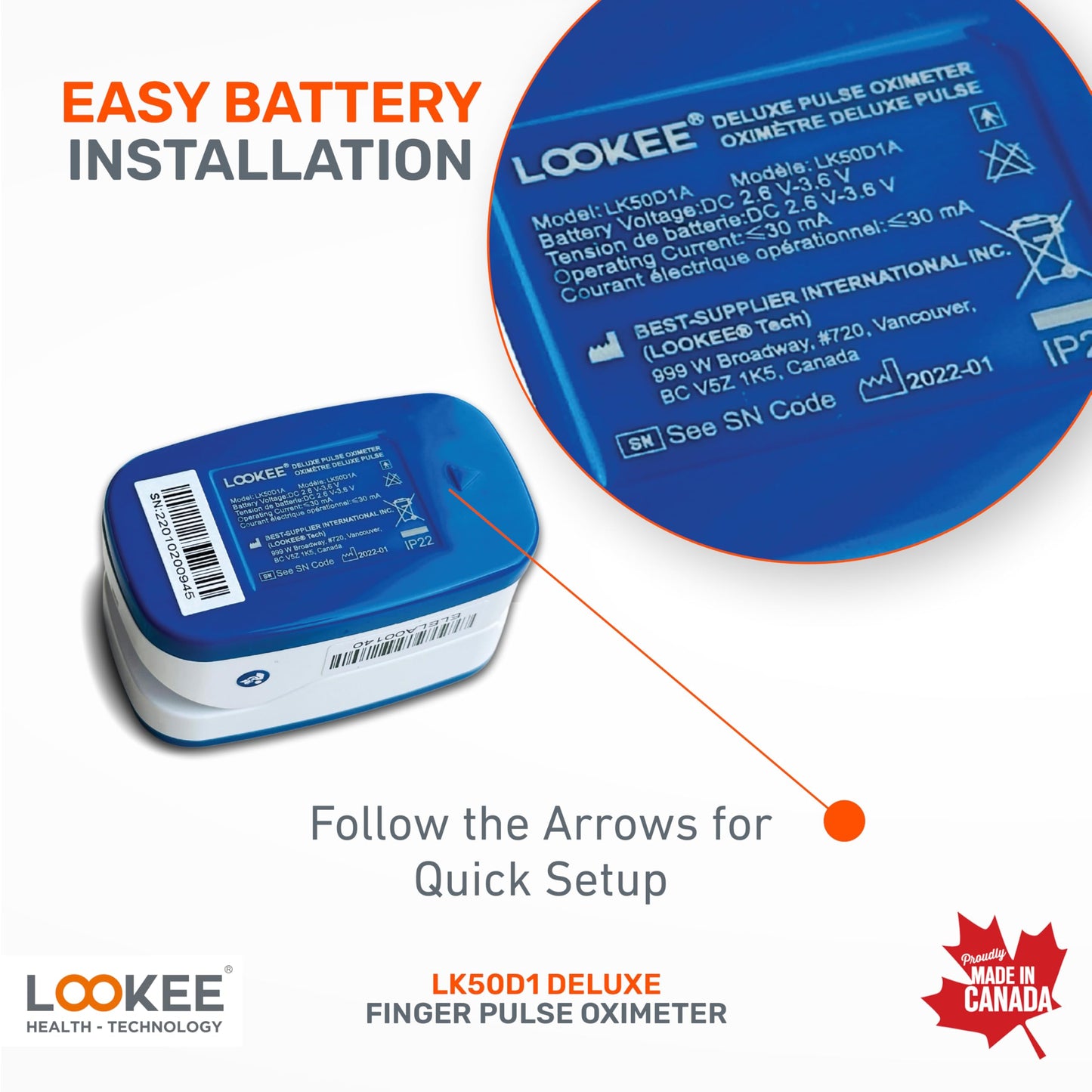 LOOKEE LK50D1 Deluxe Fingertip Pulse Oximeter | Proudly Canadian Finger SpO2 Blood Oxygen Monitor with Auto Rotate OLED Display, Plethysmograph & Pulse Graph | Blue - Available at All In One Marketplace Canada