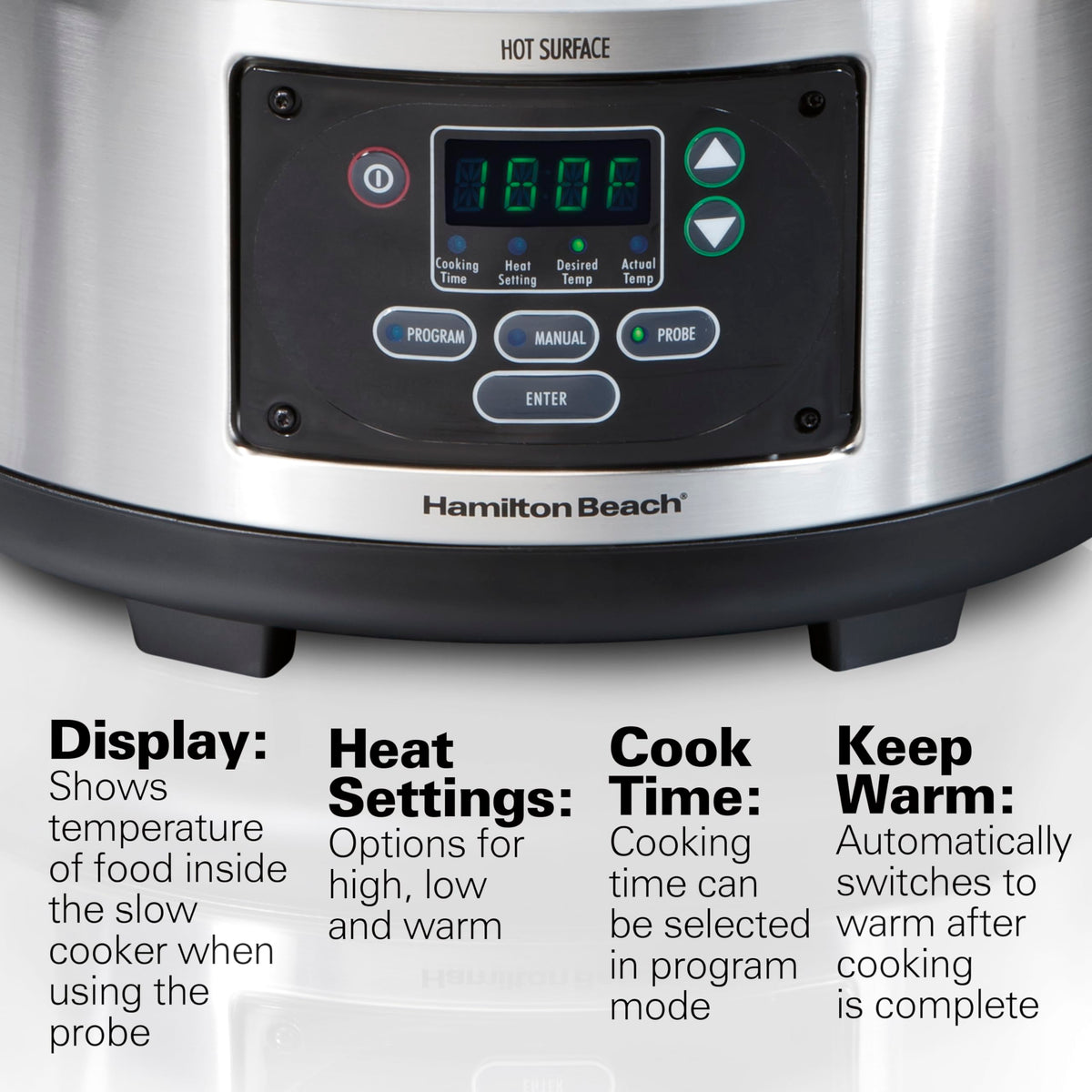 Hamilton Beach Set & Forget Programmable Slow Cooker, 6 Quart (5.7 L), Stainless Steel, Temperature Probe, Lid Lock for Travel, Dishwasher Safe Crock & Lid, Model 33969AG