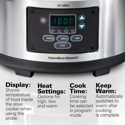 Hamilton Beach Set & Forget Programmable Slow Cooker, 6 Quart (5.7 L), Stainless Steel, Temperature Probe, Lid Lock for Travel, Dishwasher Safe Crock & Lid, Model 33969AG