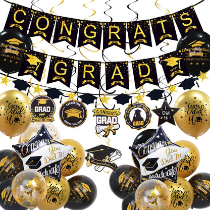 Graduation Decorations Class of 2026, 12Pcs Black and Gold balloons with Swirl and Graduation Garland Congrats Grad 2026 Banner for College High School Party Supplies - Available at All In One Marketplace Canada