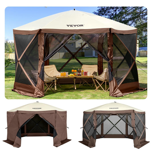 VEVOR Camping Gazebo Tent, 12'x12', 6 Sided Pop-up Canopy Screen Tent for 8 Person Camping, IPX3 Water-Resistant Screen Shelter w/Portable Storage Bag, Ground Stakes, Mesh Windows, Brown & Beige