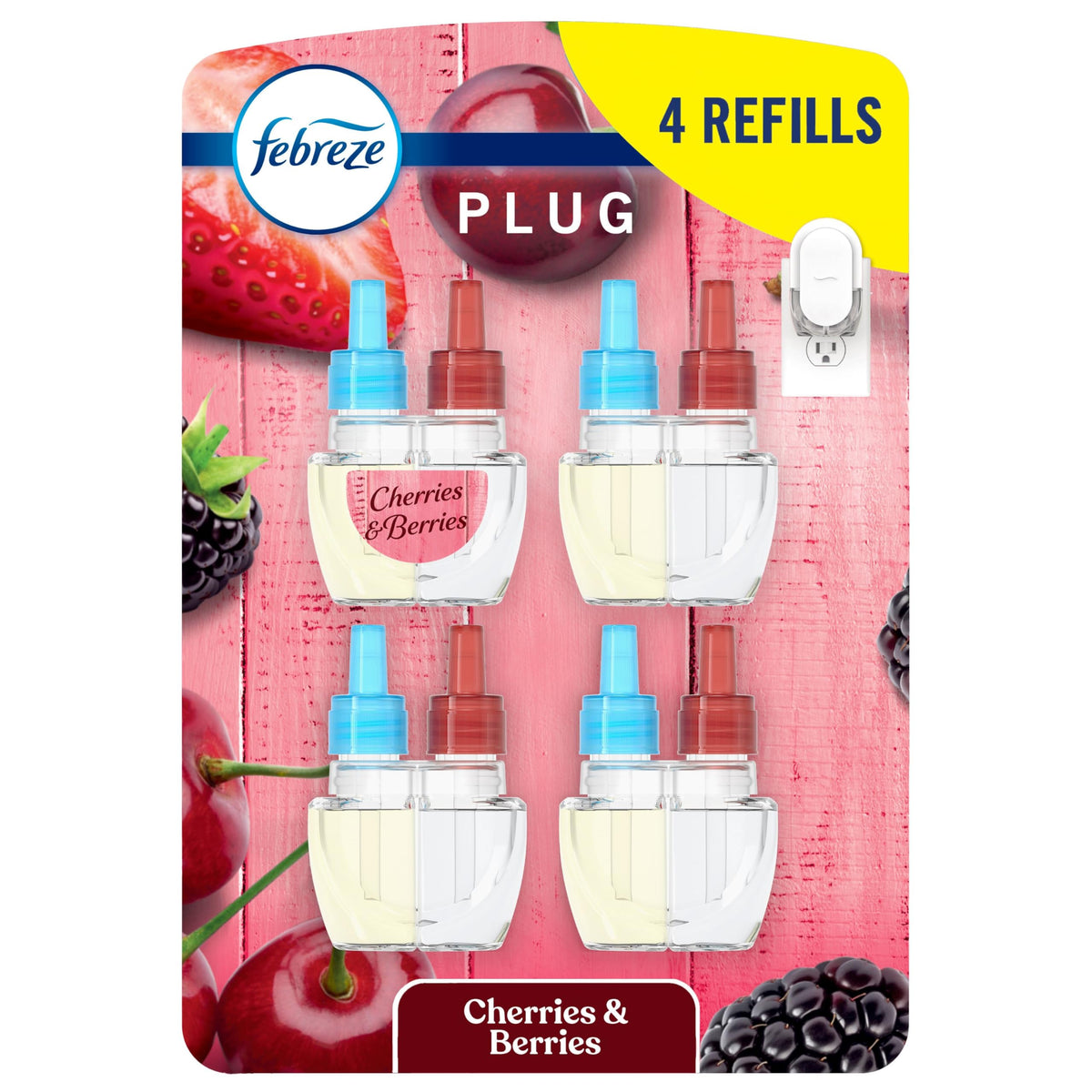 Febreze Plug In Air Freshener, Odor-Fighting Scented Oil Refill, Air Fresheners for Home and Bathroom and Kitchen, Long Lasting for Strong Odors, Cherries & Berries Scent, 26 mL Refills, 4 Count