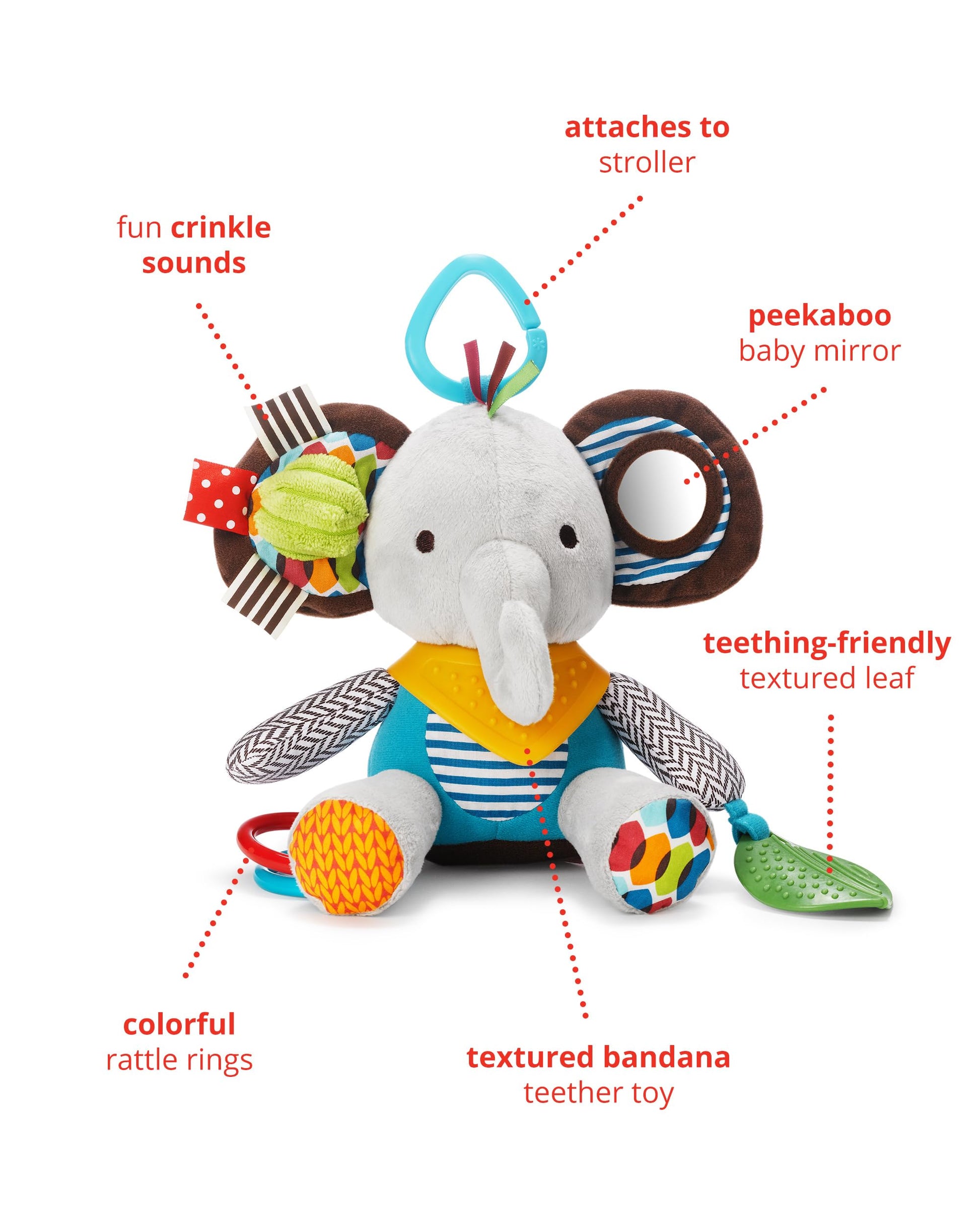 Skip Hop Bandana Buddies Baby Activity and Teething Toy with Multi-Sensory Rattle and Textures, Elephant Skip Hop