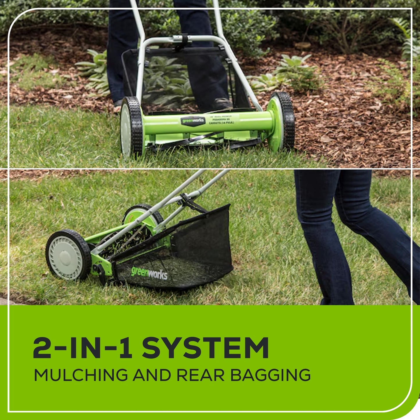 Greenworks 16-Inch Reel Lawn Mower with Grass Catcher 25052,Black/Green, 47" D x 22" W x 29.75" H - Available at All In One Marketplace Canada