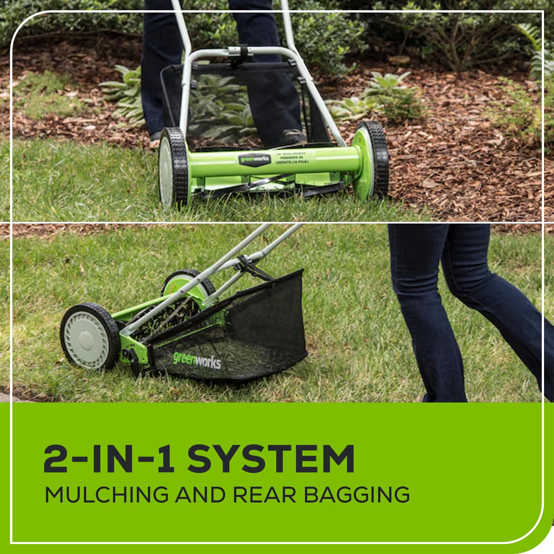 Greenworks 16-Inch Reel Lawn Mower with Grass Catcher 25052,Black/Green, 47" D x 22" W x 29.75" H - Available at All In One Marketplace Canada