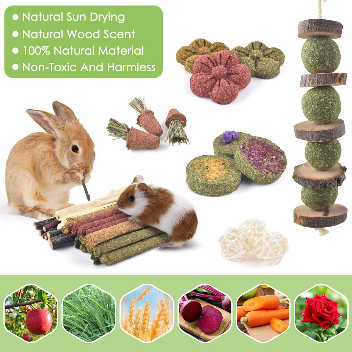 ERKOON Rabbit Toy, 42 Pieces Timothy Hay Sticks Carrots Rose Grass Cake Dental Care Molar, Chinchillas Toy Chew Toy for Rabbits, Guinea Pigs, Hamsters, Chinchilla 🍁 All In One Marketplace Canada