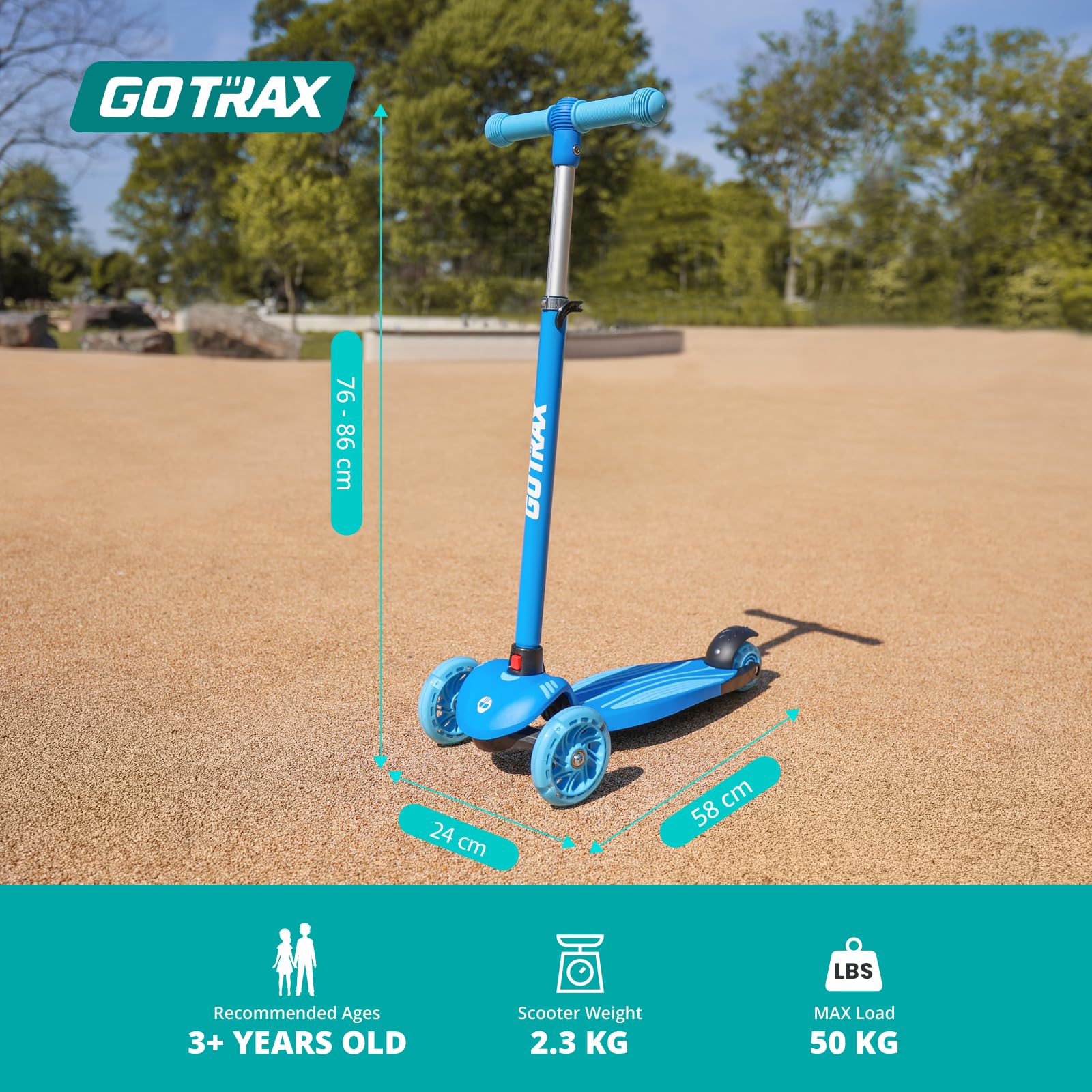 Gotrax KS1 Kids Kick Scooter, LED Lighted Wheels and 3 Adjustable Height Handlebars, Lean-to-Steer & Widen Anti-Slip Deck, 3 Wheel Scooter for Boys & Girls Ages 3+ and up to 50 Kg (Blue)