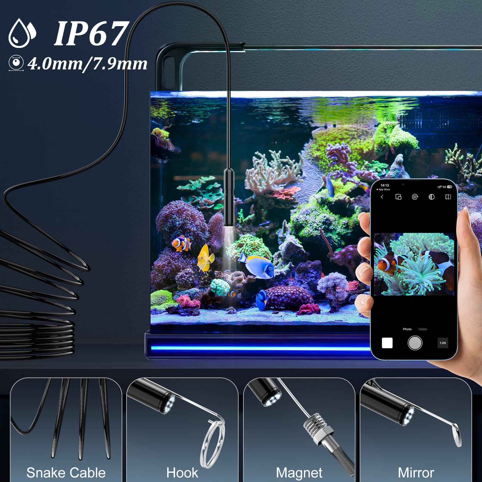 Endoscope Camera with Light, Ennovor 1920P HD, Endoscope Inspection with 8 Adjustable LED Lights, Borescope with Flexible Rigid Snake Camera, IP67 Waterproof and No WiFi Required, for Android iOS