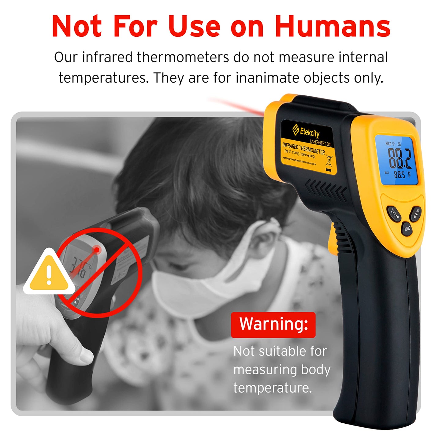 Etekcity Lasergrip 1080 Laser Thermometer Digital Infrared Thermometer Temperature Gun for Kitchen Cooking BBQ Grill and Bath Water, -58℉~1130℉ (-50℃～610℃), Yellow and Black