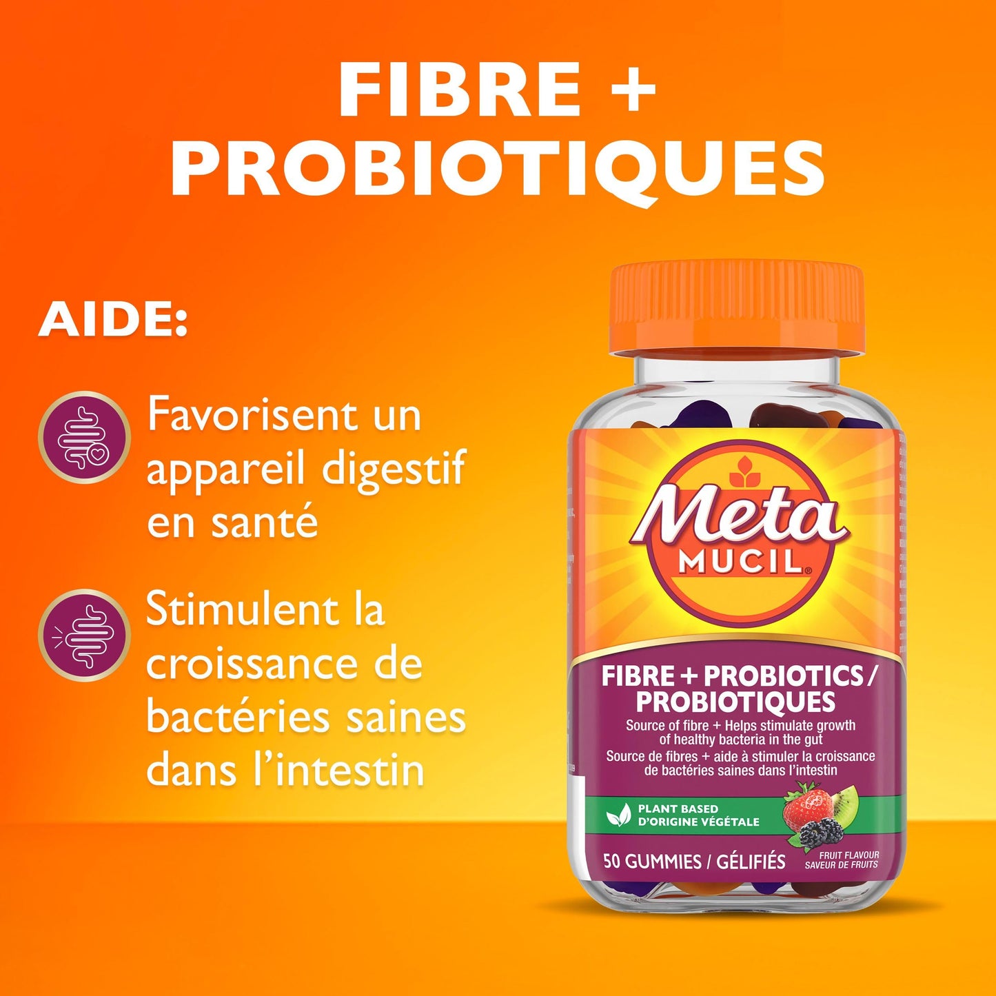 Metamucil Daily Fibre Gummies with Probiotics, Fuit Flavour, Daily Prebiotic + Probiotic, Fibre Supplement for Adults, Gelatin-Free, 50 Count