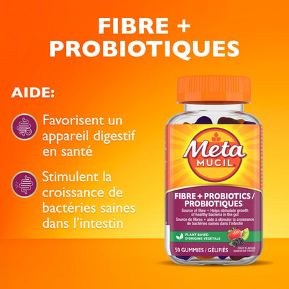 Metamucil Daily Fibre Gummies with Probiotics, Fuit Flavour, Daily Prebiotic + Probiotic, Fibre Supplement for Adults, Gelatin-Free, 50 Count
