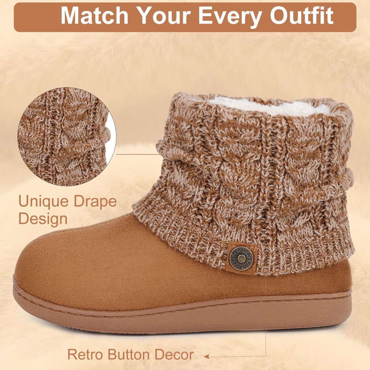 FamilyFairy Women's Bootie Slippers Warm Winter Boots Camel, 7-8 🍁 All In One Marketplace Canada