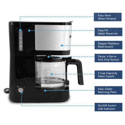 Elite Gourmet Automatic Brew & Drip Coffee Maker, with PaCae N Serve, ReCaable Filter, On/Off Switch, Water Level Indicator, 5-Cup, Stainless Steel, EHC9420