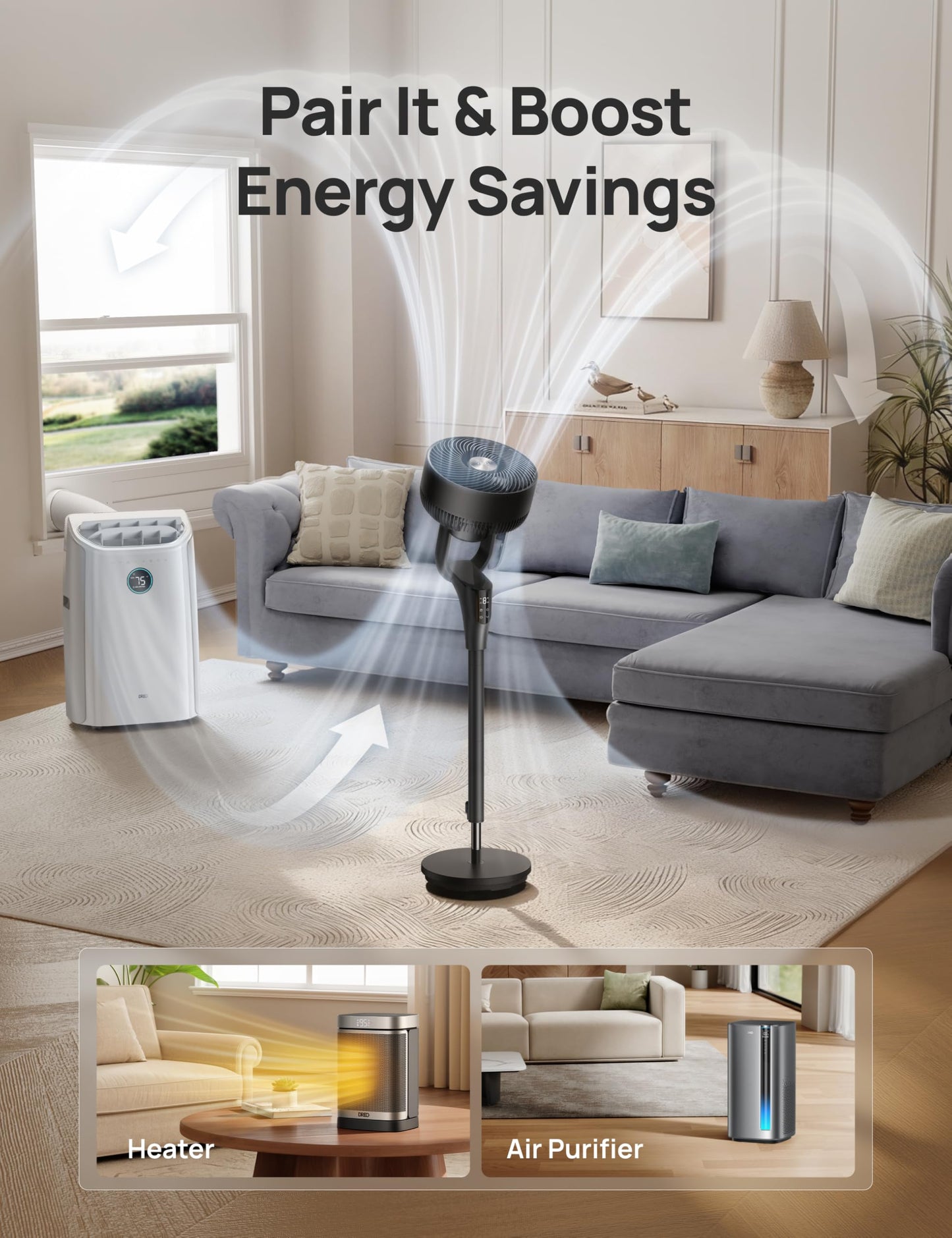DREO Fan for Bedroom, 90° Oscillating Standing Fan, 20dB Quiet, 90ft Pedestal Fans for Room Office, DC Motor, 8+H Speeds, 3 Modes, 38-42'' Adjustable Height, Remote, 8H Timer, 105° Manual Vertical