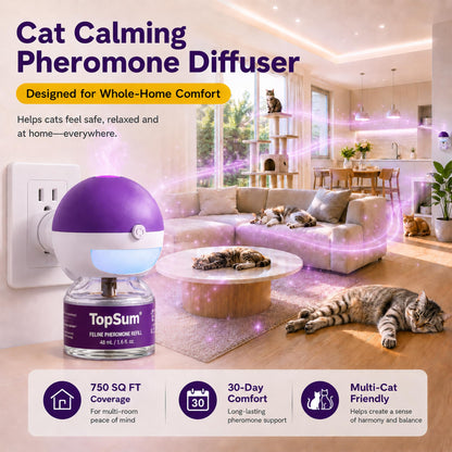 TopSum Cat Pheromone Diffuser: Cat Calming Diffuser for Spraying, Scratching, Excessive Meowing & Multi-Cat Homes, Ideal for Cats Alone at Home - VHP Registered NN.Z4H1 (3 Diffusers+3 Refills)