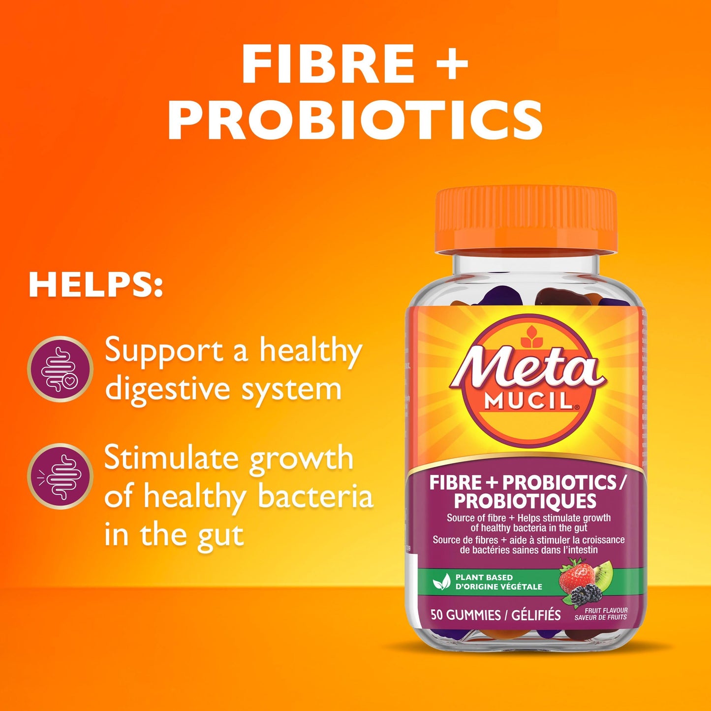 Metamucil Daily Fibre Gummies with Probiotics, Fuit Flavour, Daily Prebiotic + Probiotic, Fibre Supplement for Adults, Gelatin-Free, 50 Count