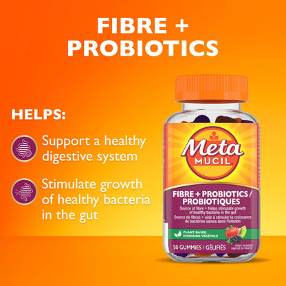 Metamucil Daily Fibre Gummies with Probiotics, Fuit Flavour, Daily Prebiotic + Probiotic, Fibre Supplement for Adults, Gelatin-Free, 50 Count