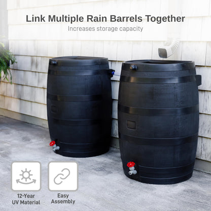 Récupérateur d'eau de pluie RTS Home Accents de 50 gallons (190 L) ECO fabriqué à partir de plastique 100 % recyclé, baril de collecte à dos plat, noir
