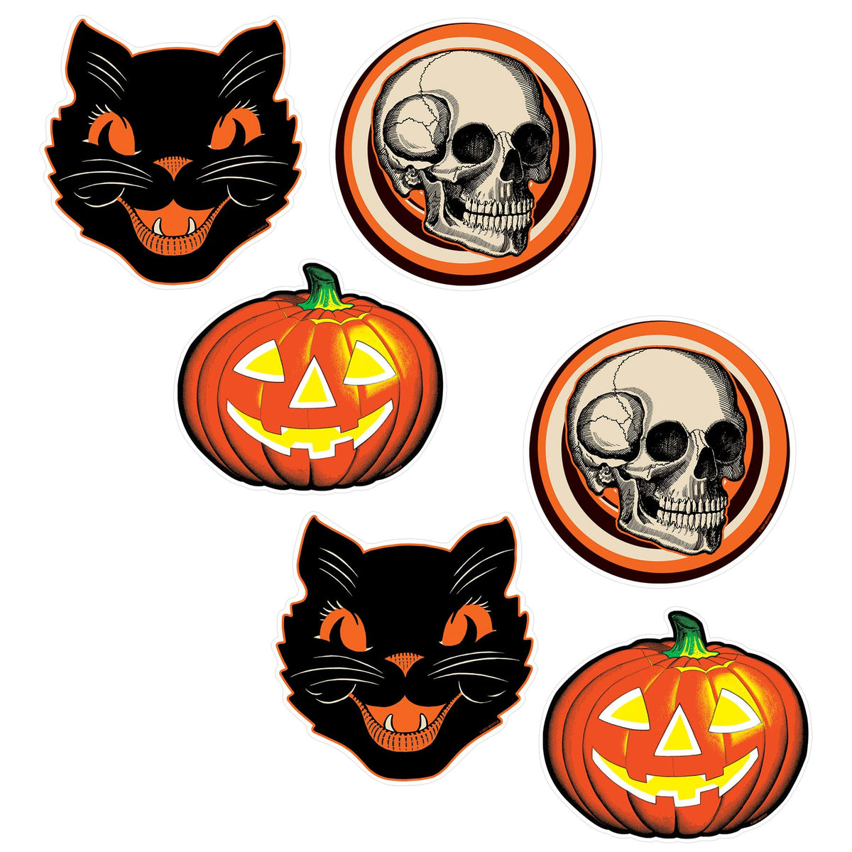Lot de 6 décorations vintage en plastique pour Halloween Beistle, 25-30 cm, motifs citrouille, chat et tête de mort