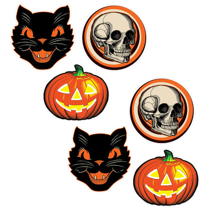 Lot de 6 décorations vintage en plastique pour Halloween Beistle, 25-30 cm, motifs citrouille, chat et tête de mort