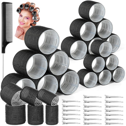 39PCS Self Grip Hair Rollers Curlers 3 Sizes Black Hair Roller 2.5in, 1.9in, 1.4in, Jumbo Hair Roller with 12PCS Duckbill Clips Hair Rollers for Long Medium Short Thick Fine Volume Bangs Hair - Available at All In One Marketplace Canada