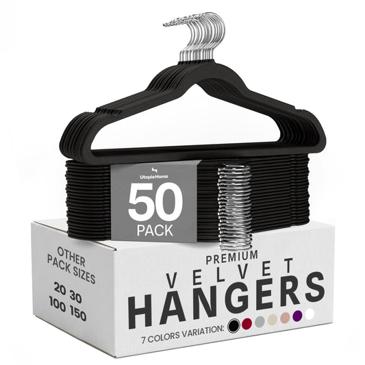 Utopia Home Velvet Hangers 50 Pack, Heavy Duty, Non-Slip, Space Saving Felt Clothes Hangers with 360° Hook & Notches (Black)