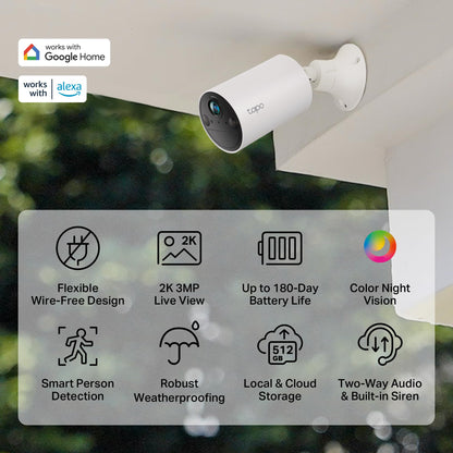 TP-Link Tapo Wire-Free Outdoor 2K Security Camera, 1-6 Months Battery Life, Smart Person and Motion Detection, SD/Cloud Storage, Spotlight Color Night Vision, No Hub Needed (Tapo C410)