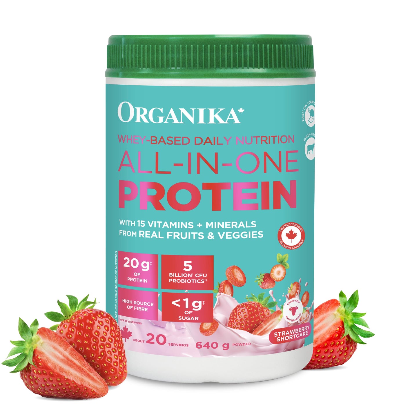 Organika All-in-One Strawberry Shortcake Protein Powder with 20g Protein,15 Vitamins & Minerals from Real Fruits & Veggies,5 Billion CFU Probiotics,4g Prebiotic Fiber, Digestive Enzymes,1g Sugar- 640g Organika