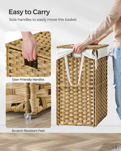 SONGMICS Laundry Hamper with Lid, 23.8 Gallon (90 L) Synthetic Rattan Clothes Laundry Basket with Lid and Handles, Foldable, Removable Liner, Natural ULCB051N01V1 SONGMICS