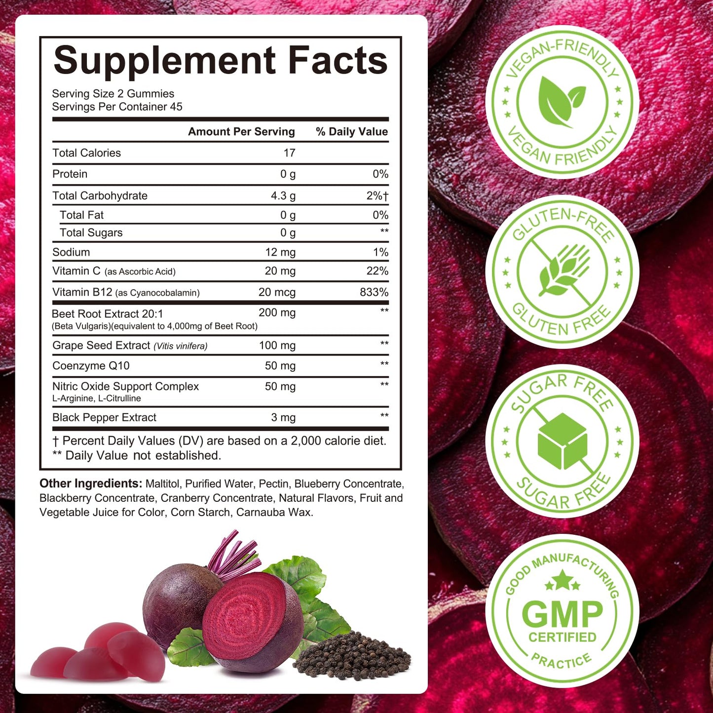 Beetroot Gummies, 90 Count - Non-GMO Beet Root Supplement for Healthy Circulation & Energy - Natural Vegan Fruit Flavor - Available at All In One Marketplace Canada