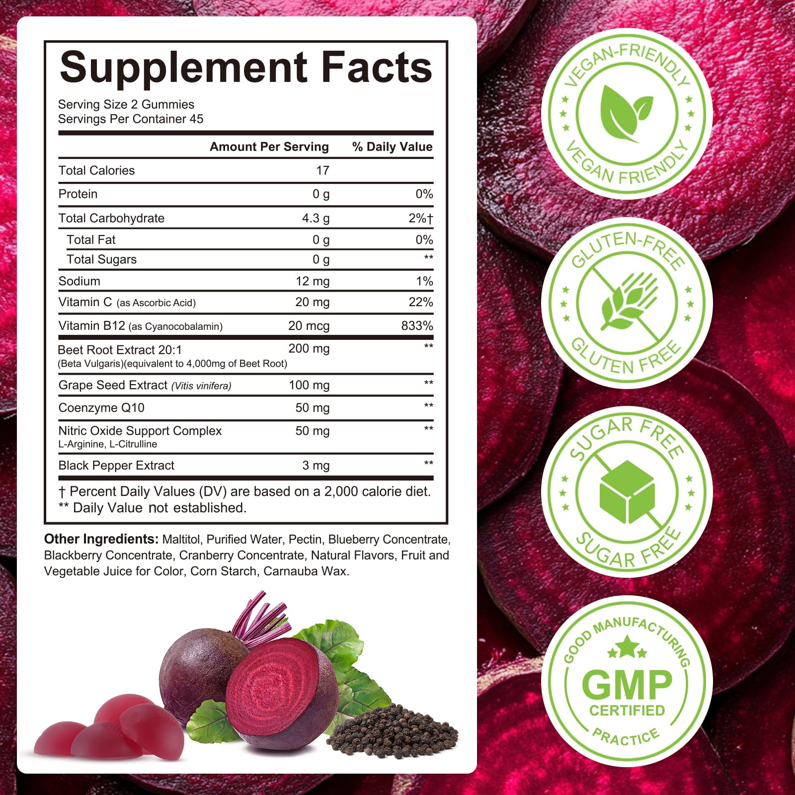 Beetroot Gummies, 90 Count - Non-GMO Beet Root Supplement for Healthy Circulation & Energy - Natural Vegan Fruit Flavor - Available at All In One Marketplace Canada