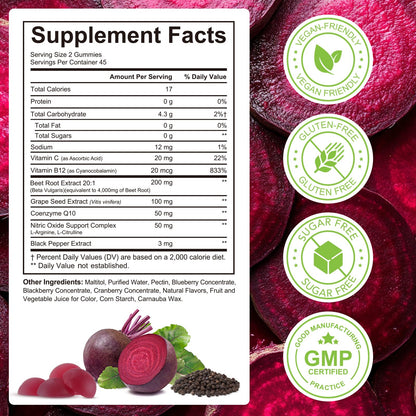 Beetroot Gummies, 90 Count - Non-GMO Beet Root Supplement for Healthy Circulation & Energy - Natural Vegan Fruit Flavor - Available at All In One Marketplace Canada