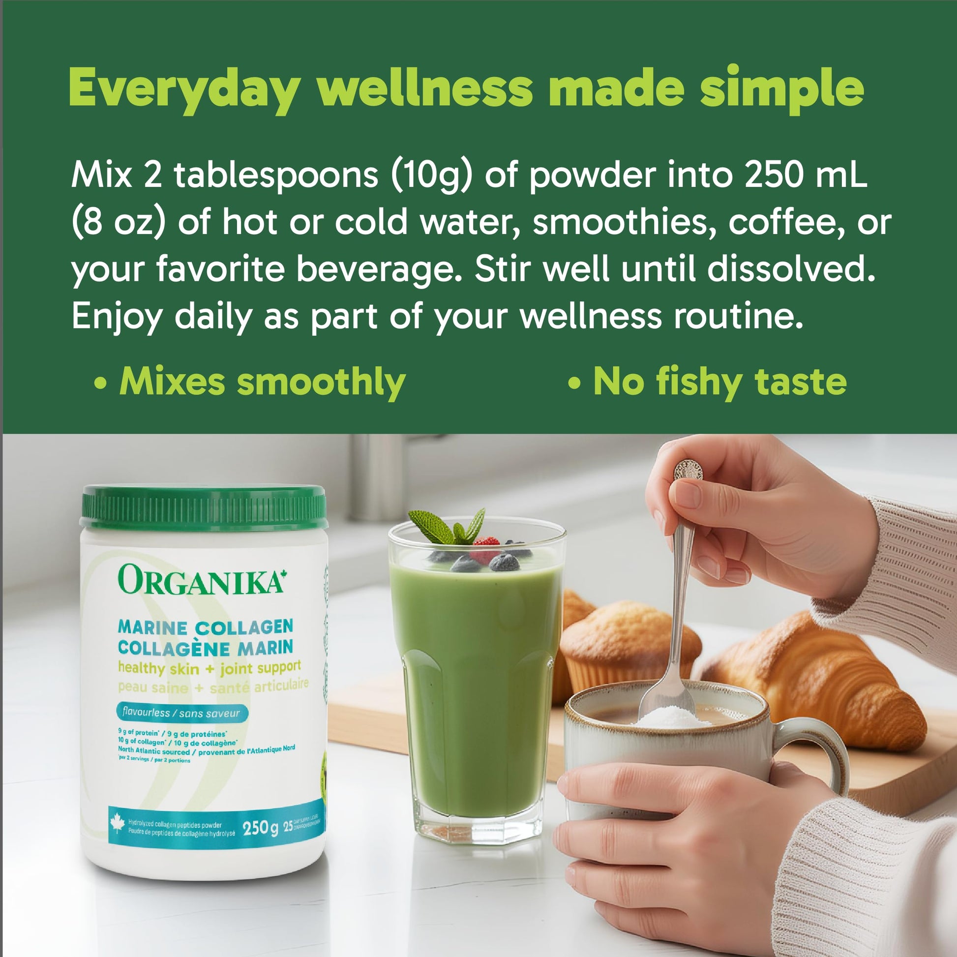 Organika Marine Collagen Powder – 10g Total Serving for Hair, Skin & Nails – Hydrolyzed Collagen Peptides Type 1 from Wild-Caught Fish, Tasteless, Canadian-Made – 250g - Available at All In One Marketplace Canada