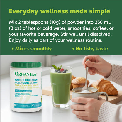 Organika Marine Collagen Powder – 10g Total Serving for Hair, Skin & Nails – Hydrolyzed Collagen Peptides Type 1 from Wild-Caught Fish, Tasteless, Canadian-Made – 250g - Available at All In One Marketplace Canada